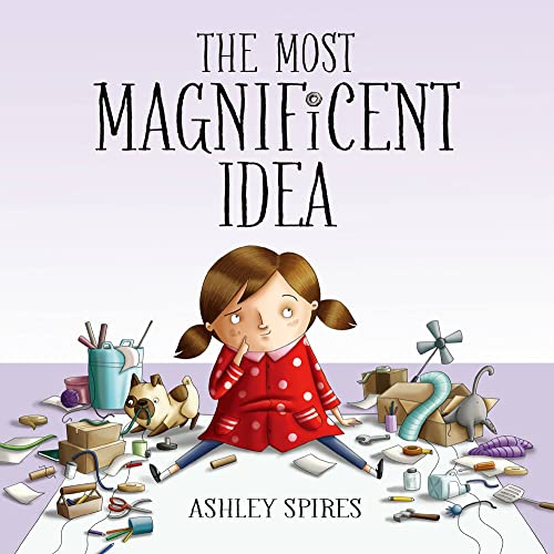 Book cover: girl with scattered art supplies and a pug.