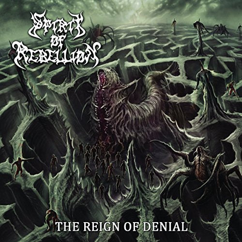 Dark album cover with monstrous creature and maze-like landscape.