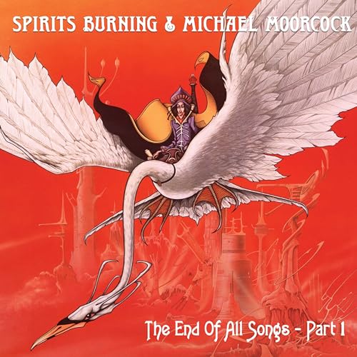 Vinyl album cover: a winged figure riding a large bird over a city.