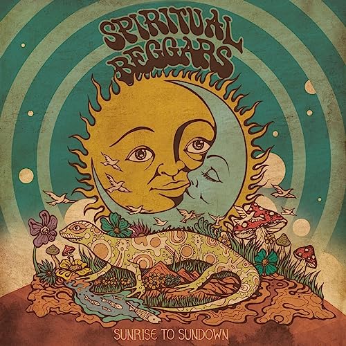 Album cover for Spiritual Beggars’ “Sunrise To Sundown” with sun, moon, and snake imagery.
