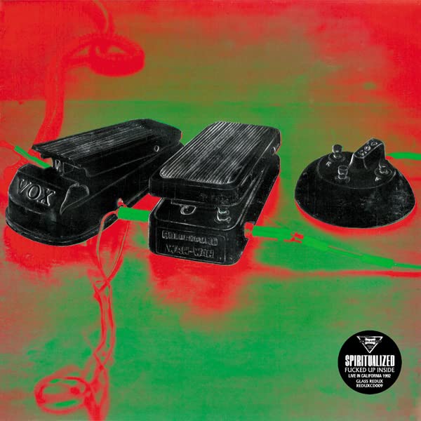 CD cover: three black guitar effect pedals on a red and green background.
