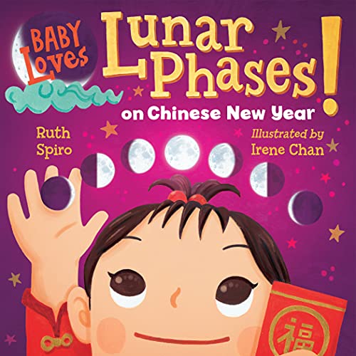 Book cover: child pointing at illustrated lunar phases and stars.