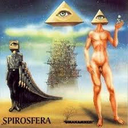 CD cover: surrealist figures with eye-shaped pyramids in a hazy landscape.