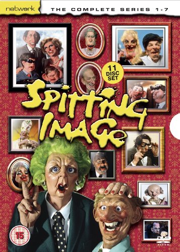 “Spitting Image” DVD cover with caricatured puppet portraits in frames.