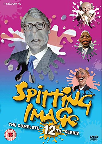 DVD cover for "Spitting Image: Complete Series 12" featuring caricatures and paint splatters.