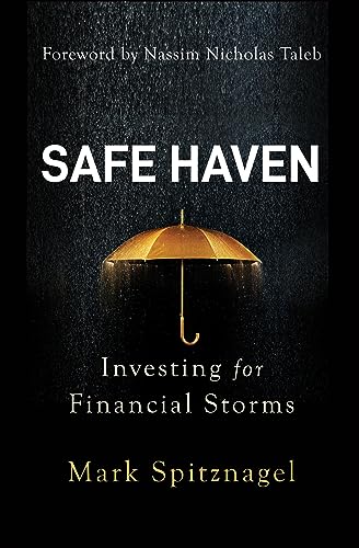 Book cover titled Safe Haven showing a golden umbrella in the rain against black.