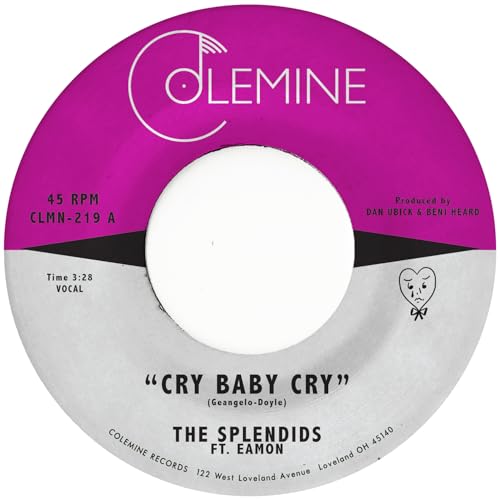Bright pink and blue 45 RPM record label with song title "Cry Baby Cry".