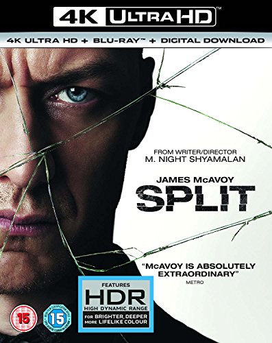 Movie cover for "Split" featuring James McAvoy with cracked glass effect.