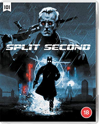 Blu-ray cover art for Split Second featuring a man with a gun in rain.