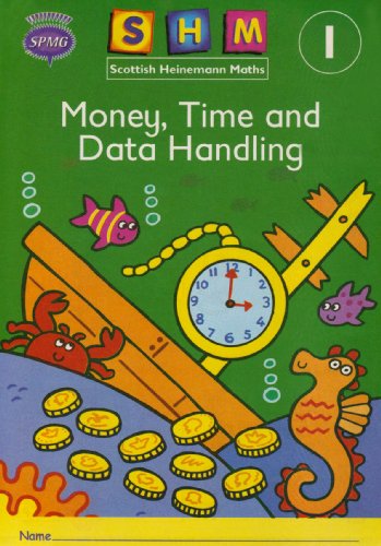 Green textbook cover with clock, sea creatures, and gold coins.