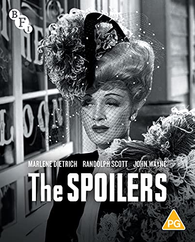 Black and white film poster for "The Spoilers" featuring Marlene Dietrich.