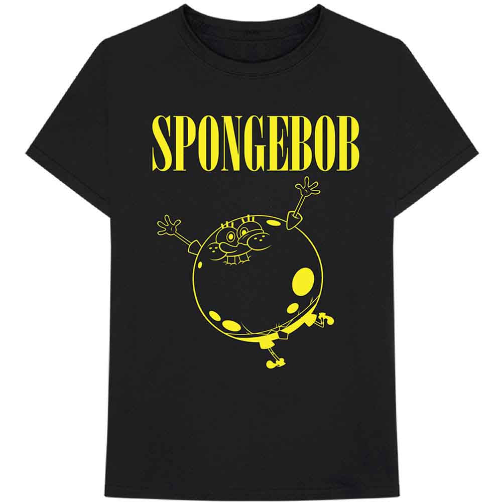 Black t-shirt with a yellow graphic of an inflated Spongebob and yellow text.
