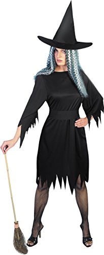 "Woman dressed as a witch in a black dress, hat, and holding a broom."