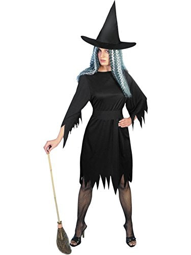 Woman in a black witch costume with hat and broom.