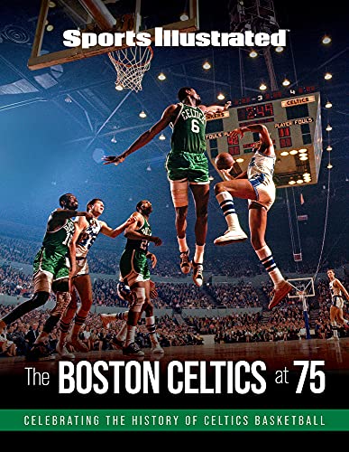 Vintage basketball action featuring Bill Russell, book cover for Boston Celtics history.
