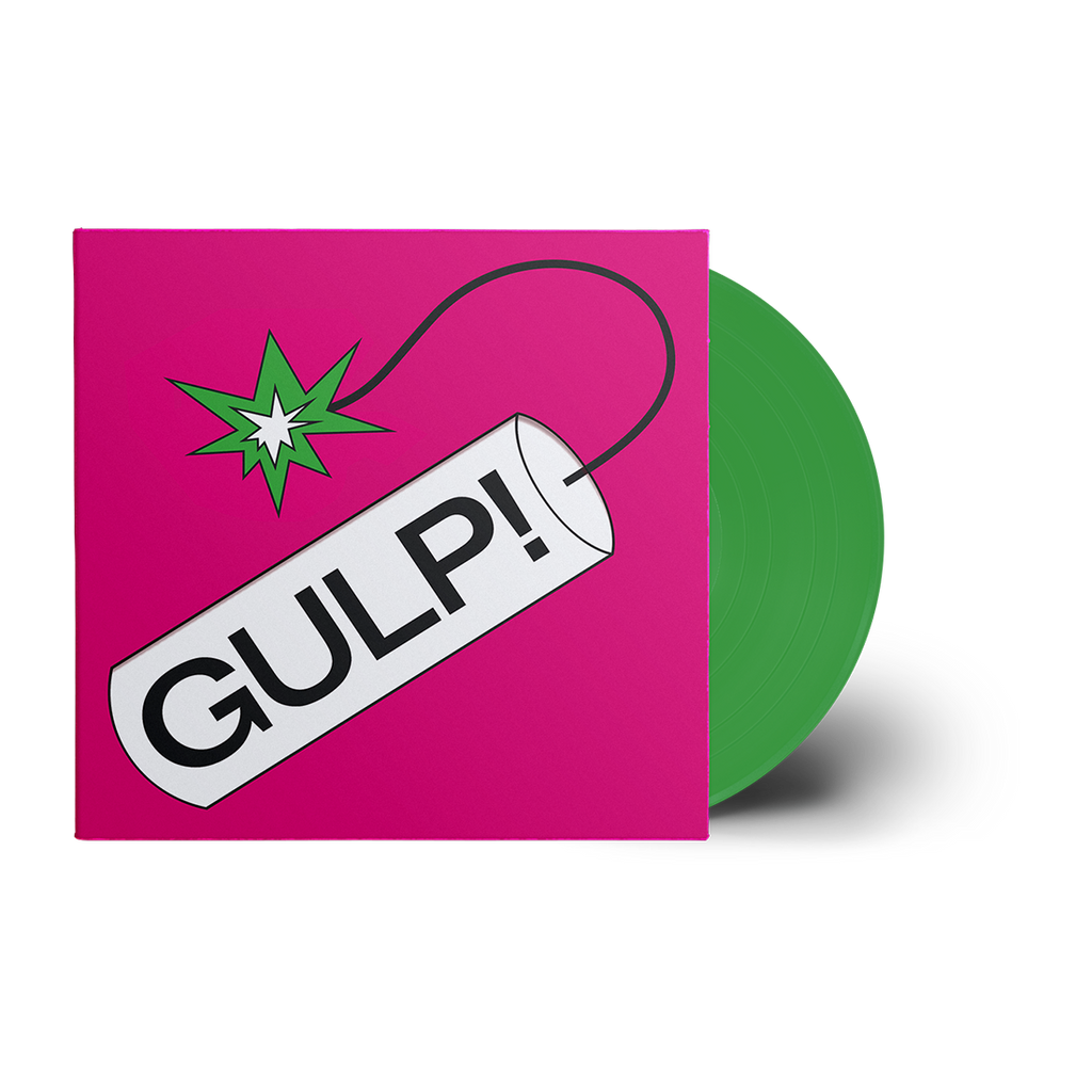 Pink record sleeve with green vinyl record showing “GULP!” text.