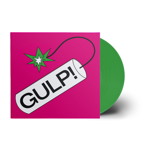 Pink record sleeve with green vinyl record showing “GULP!” text.