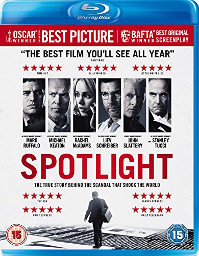 Spotlight" Blu-ray cover featuring six actors and a man walking down a street.