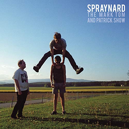 Vinyl record cover with three men in a field, one being lifted.