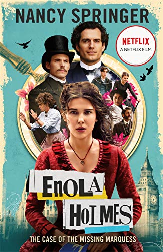 Book cover featuring Millie Bobby Brown as Enola Holmes and cast members.