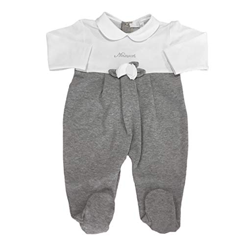 Gray and white baby romper with a Peter Pan collar and bow.