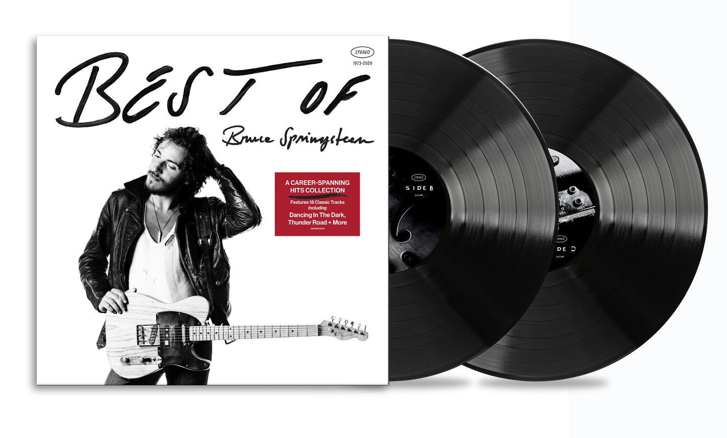 Bruce Springsteen “Best Of” double vinyl record with portrait and guitar.