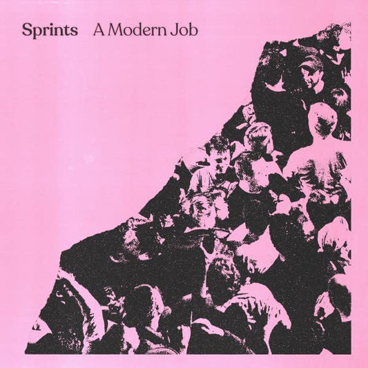 Pink album cover with a black and white collage of faces.