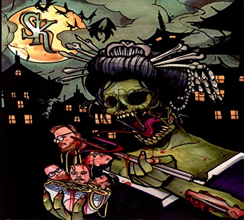 CD cover: skeletal geisha with bats, cityscape, and bloody details.