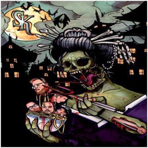 Skull with hairpins, holding portraits against a spooky town backdrop.