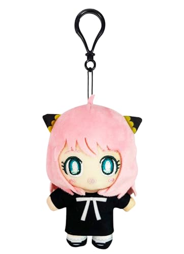 Anya Forger plush with pink hair and teal eyes, hanging from a clip.