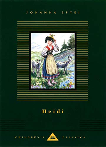 Book cover of "Heidi" featuring a girl with goats in mountains.