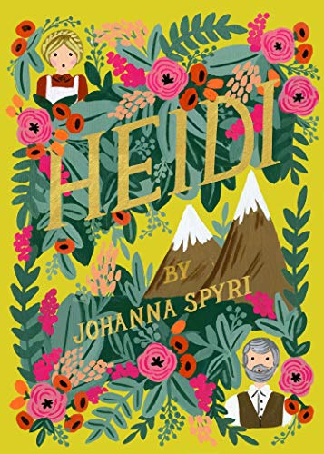 "Book cover with floral wreath, title 'Heidi', and illustrations of a girl and man."