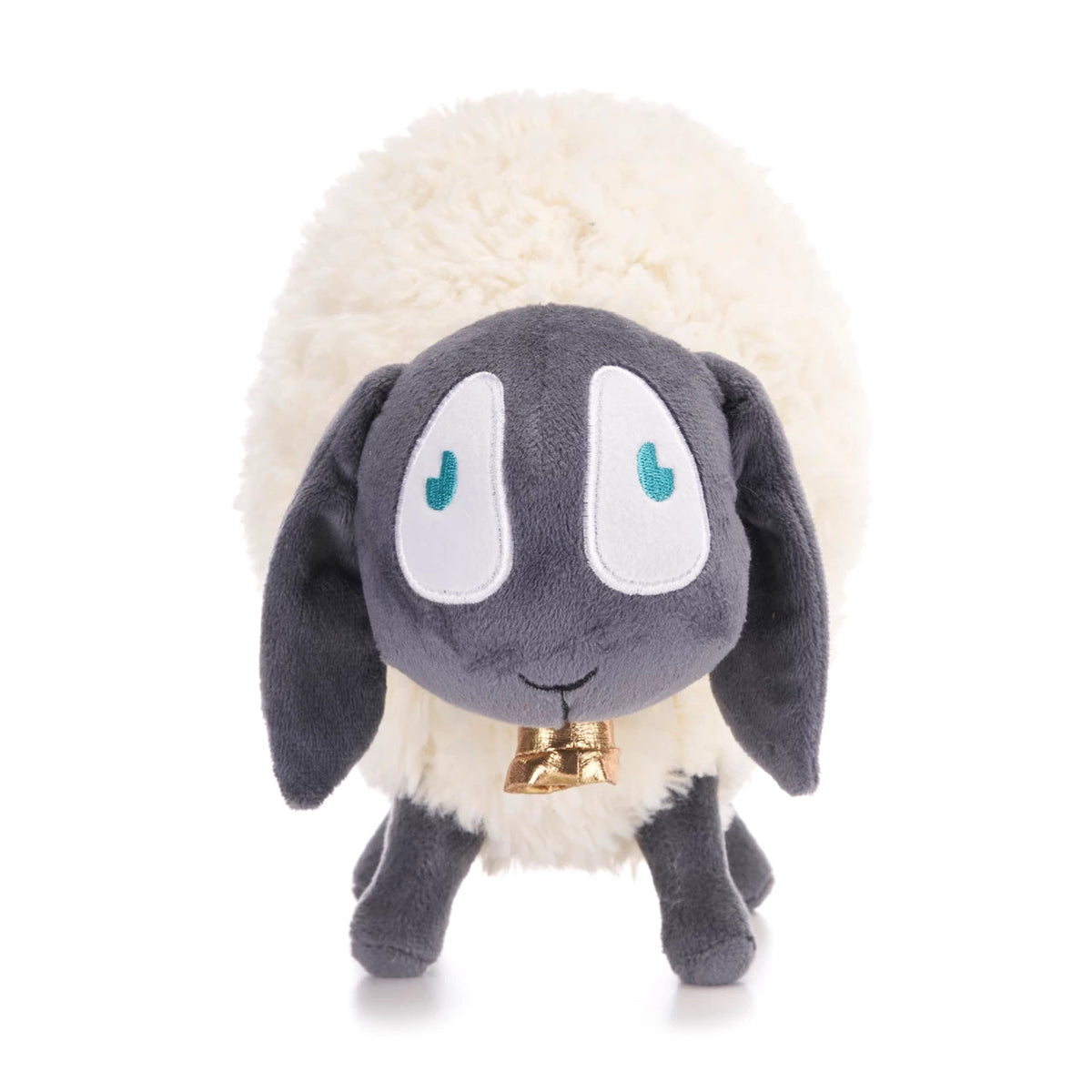 Fluffy white sheep plush toy with grey face and teal eyes.