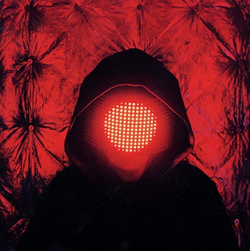 Hooded figure with a glowing red, dotted face against a red background.