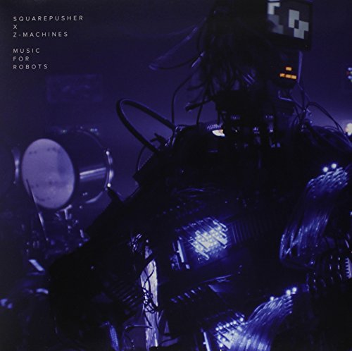 A robotic figure with glowing blue lights and cables against a dark background.
