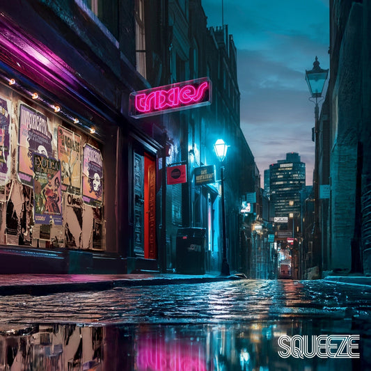 Night street scene with a neon "Trixies" sign and wet pavement.