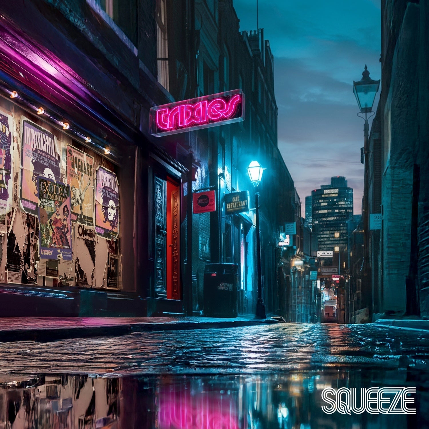 Neon Trixies sign above a dark, wet alleyway with posters on a building wall.