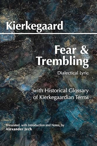 Book cover for Fear and Trembling by Kierkegaard with abstract blue textured background.