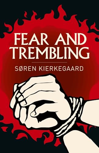 Book cover: "Fear and Trembling" with hands bound in rope, red background.
