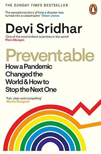 Book cover: "Preventable" by Devi Sridhar, with rainbow graphic.