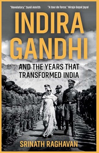 Book cover: Indira Gandhi with military personnel, title in gold lettering.