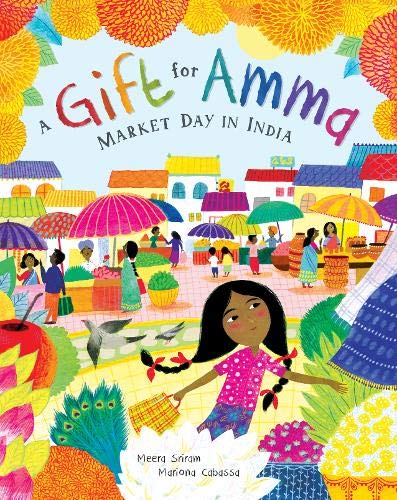 Children's book cover depicting a girl at a colorful Indian market.
