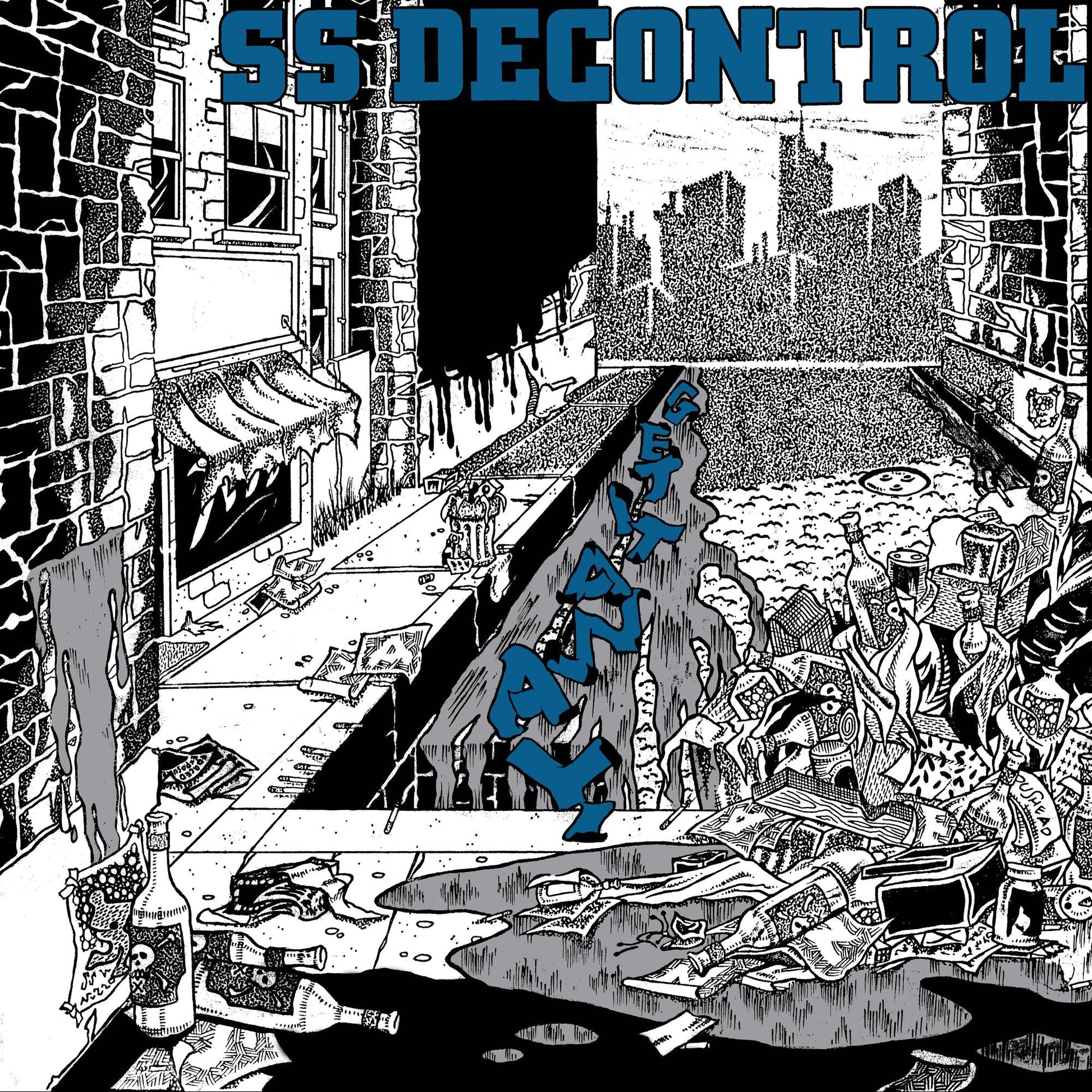 Black and white illustration of a trash-filled alleyway with blue text overlay.