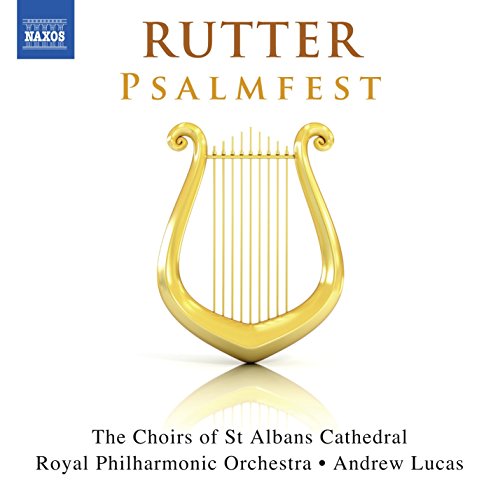 "Album cover with gold harp on white background, featuring 'RUTTER PSALMFEST' title."