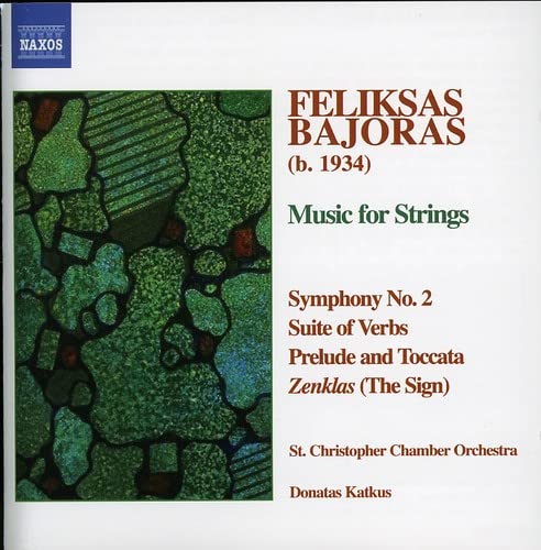 CD cover for Feliksas Bajoras’ “Music for Strings” with abstract green art.