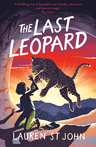 Book cover: girl reaching for a leaping leopard against a sunset.
