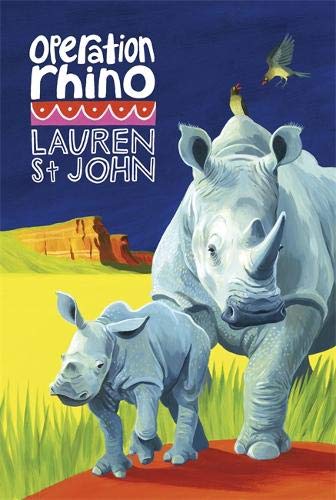 Book cover: adult and baby rhino with a bird on the adult’s ear.