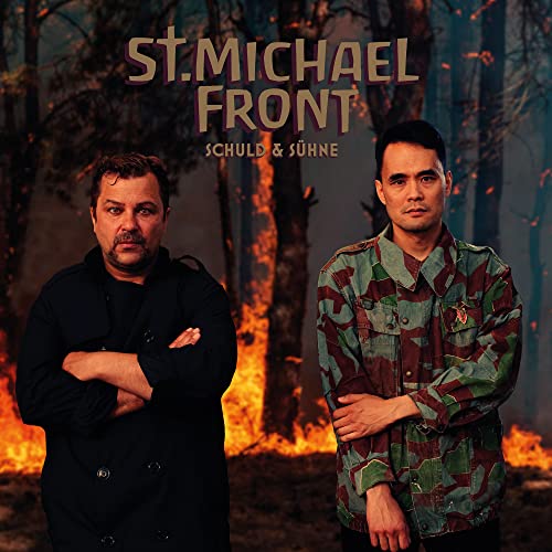CD cover: two men stand before a burning forest backdrop.