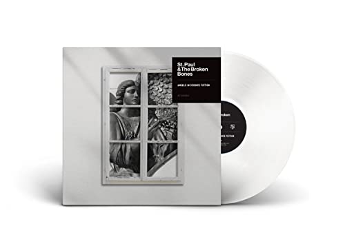 Vinyl record with album cover featuring a statue viewed through a window.