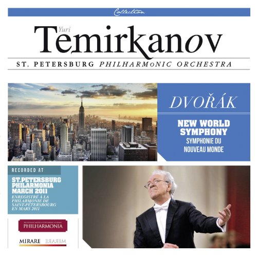 CD cover for Dvorak’s “New World Symphony” with city skyline and conductor portrait.